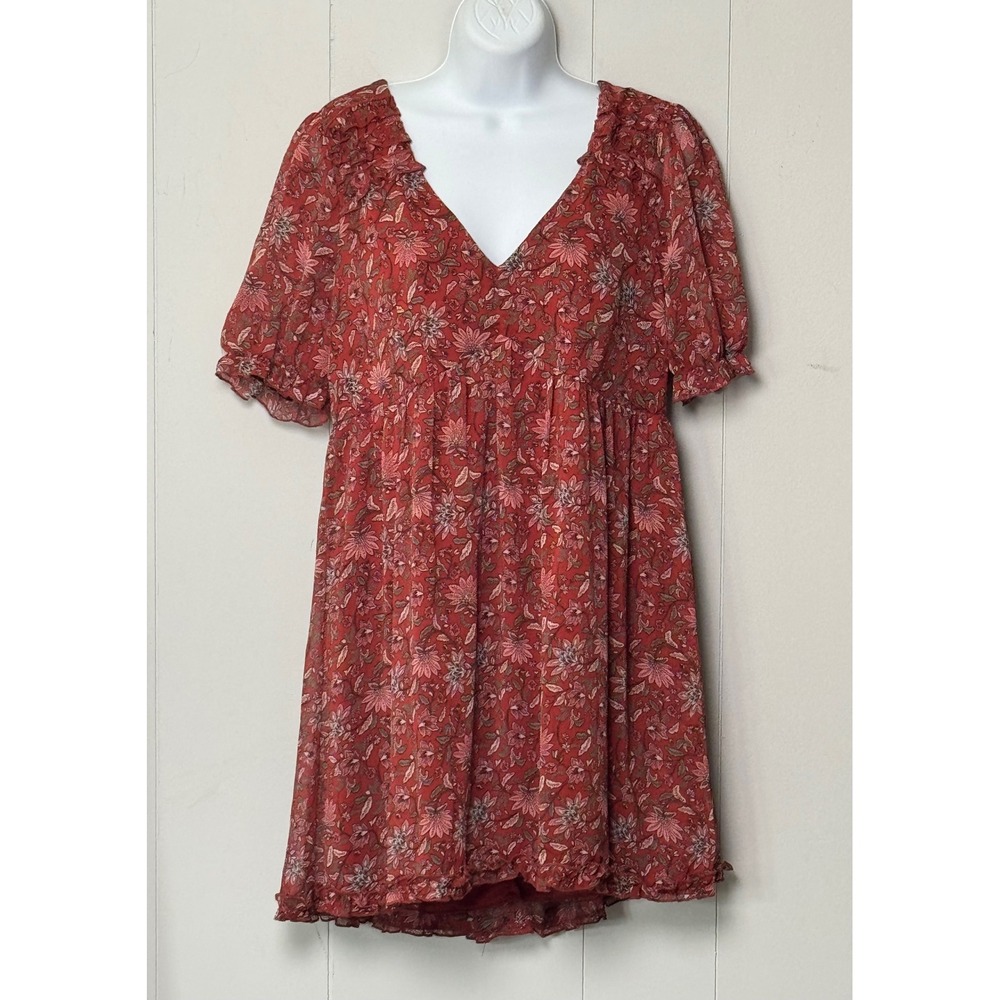 Blue Rain Women's Floral Babydoll Dress Rust Red V-Neck Puff Sleeve Mini Size XL